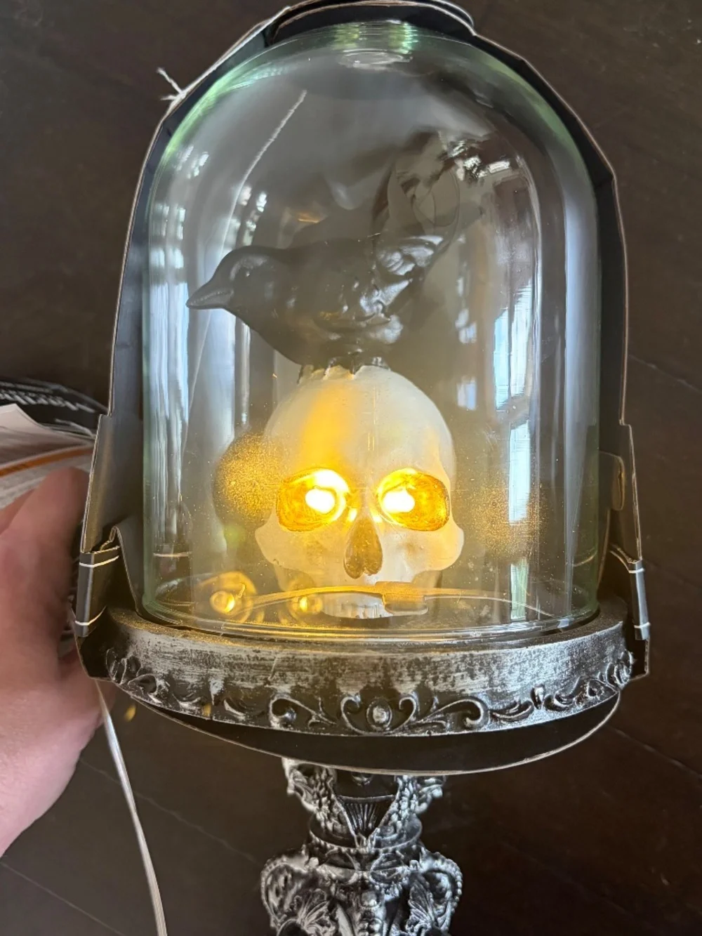 Martha Stewart Halloween Cloche Light Up Skull Raven Pedestal NWT spooky decor
